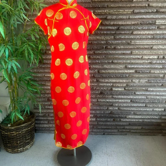 Chinese Vintage Red with Gold Traditional Cheongsam Qipao Maxi Dress - Picture 7 of 8